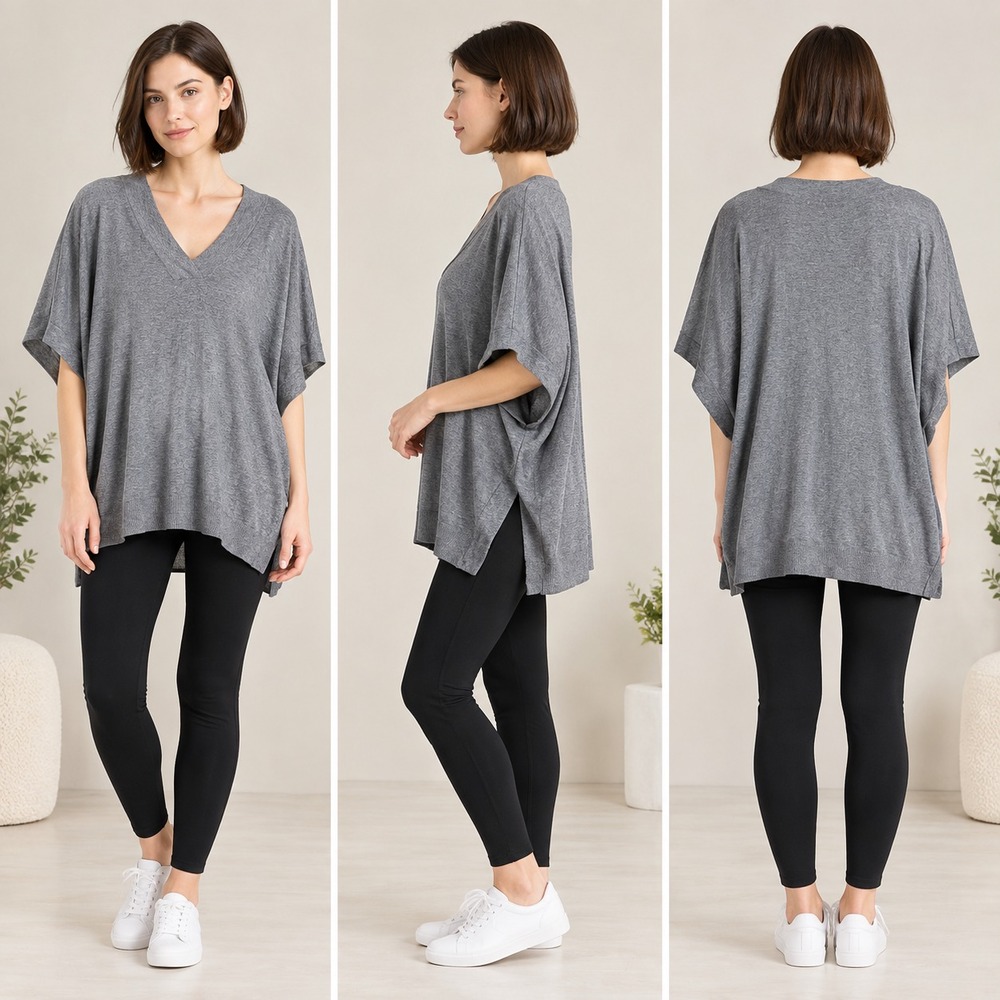Soma Luxe Tunic V-Neck Poncho Sweater Womens XL Gray Boxy Dolman Short Sleeves
